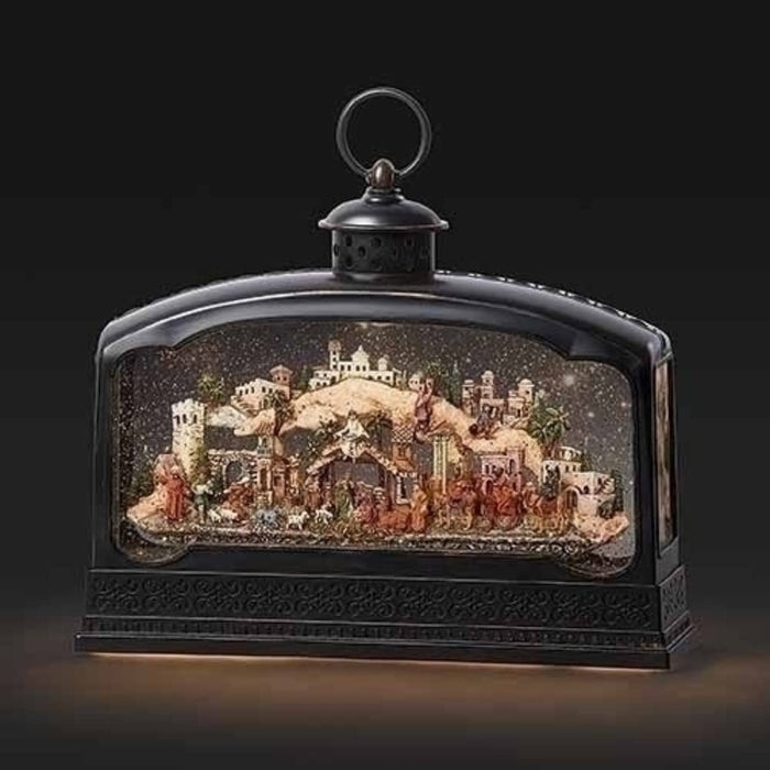 Roman 11.5" Black and Beige Nativity Swirl LED Christmas Tabletop Decor