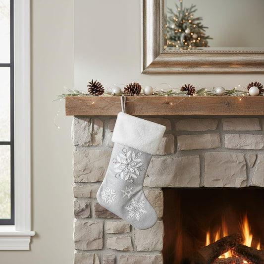 Comfy Hour 18 Inch Christmas Stocking, Silver Snowflake Decor, 1 Unit