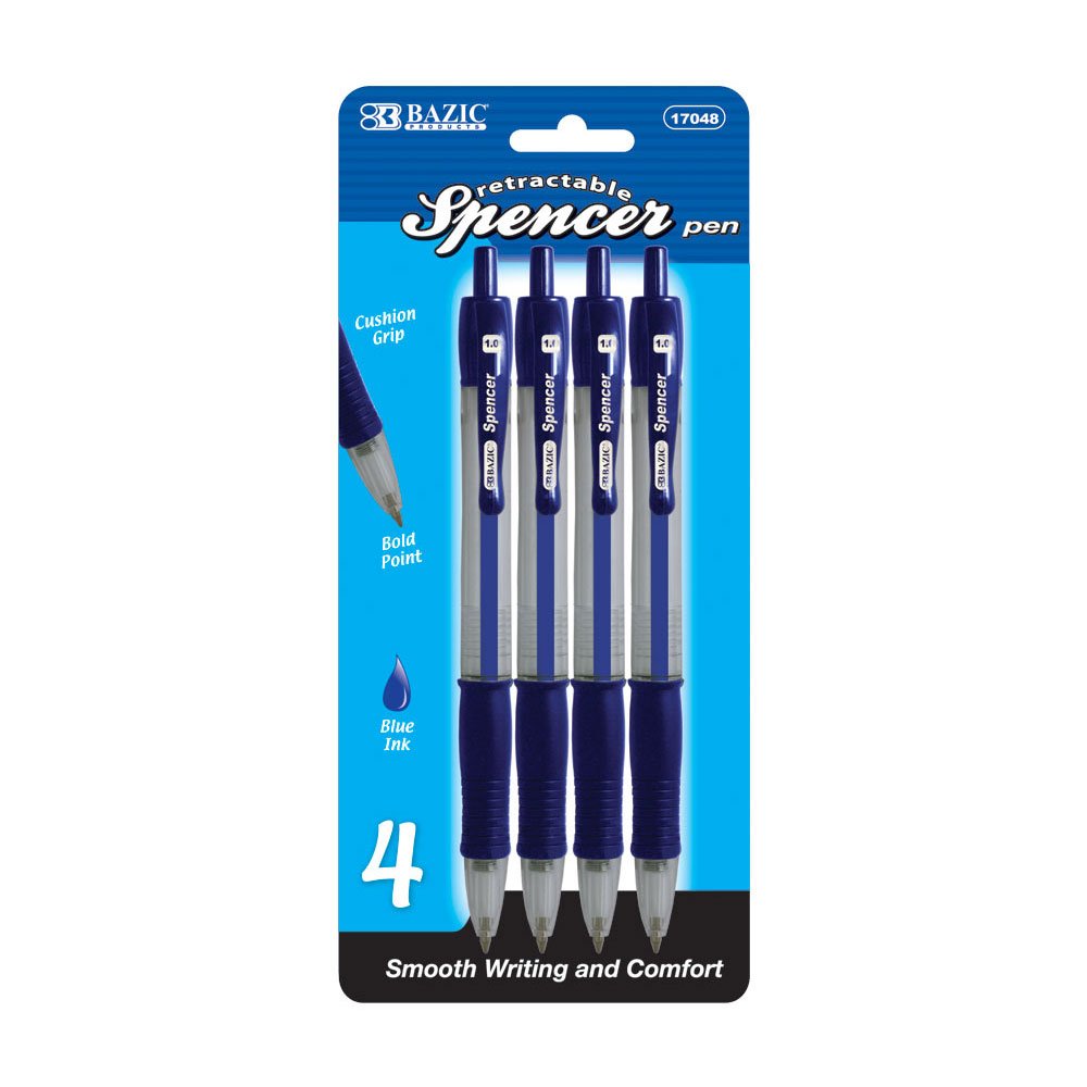 BAZIC Spencer Blue Retractable Pen w/ Cushion Grip (4/Pack) (17048)