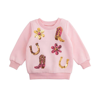 Mud Pie Sweatshirt, Pink, Kids Sequin Western Sweatshirt
