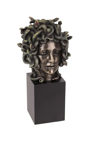 Unicorn Studio Veronese Design Cast Bronze Resin Medusa Head Figure on Plinth Bust Sculpture Painted Accent Art