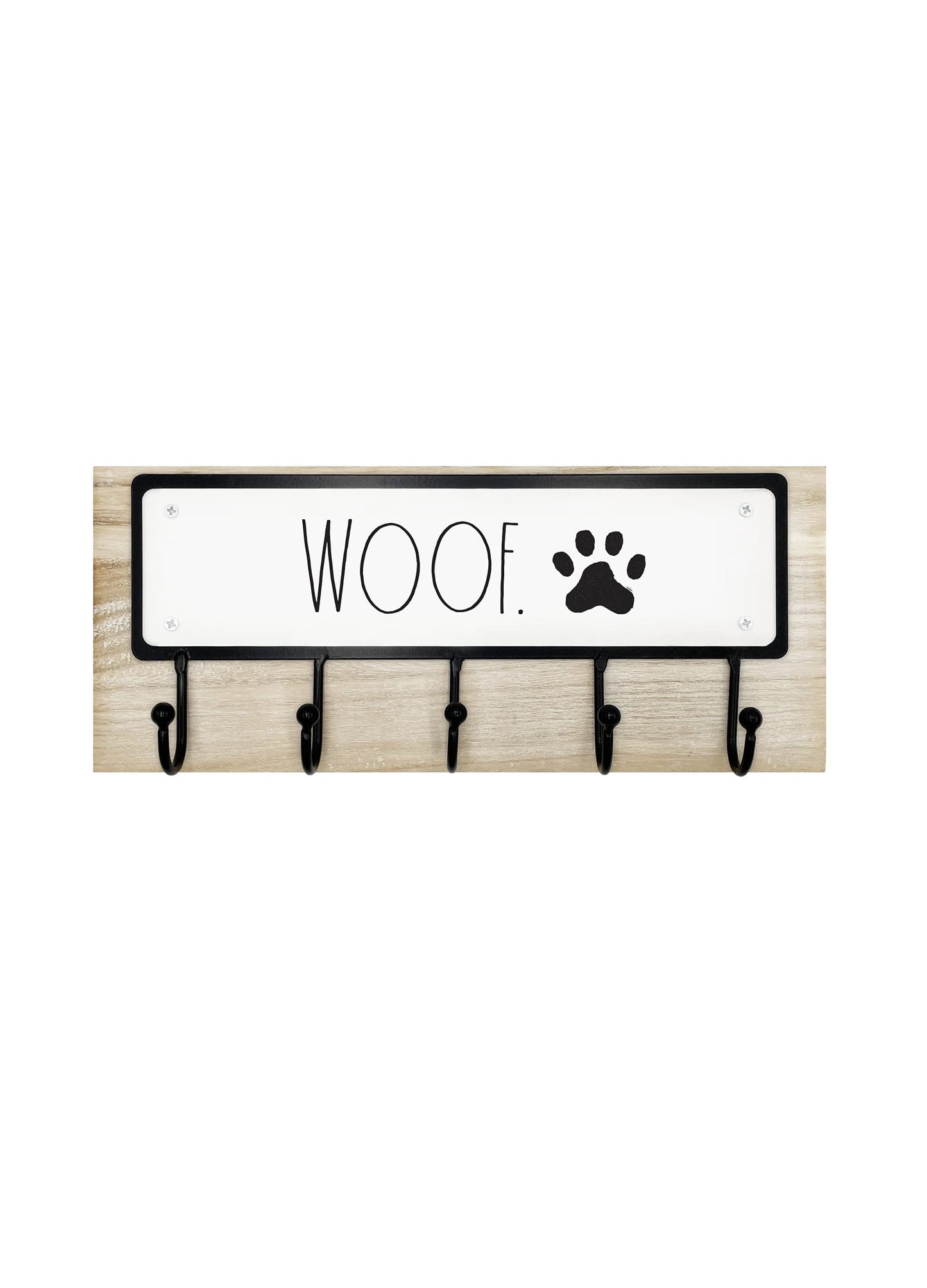 Rae Dunn Dog Leash Holder for Wall - Cute Dog Leash Hook Holder and Wall Mount Hanger Organizer for Pet Items, Keys, Collar and Leashes - Pet Themed Messages with Paw Print - Light Wood