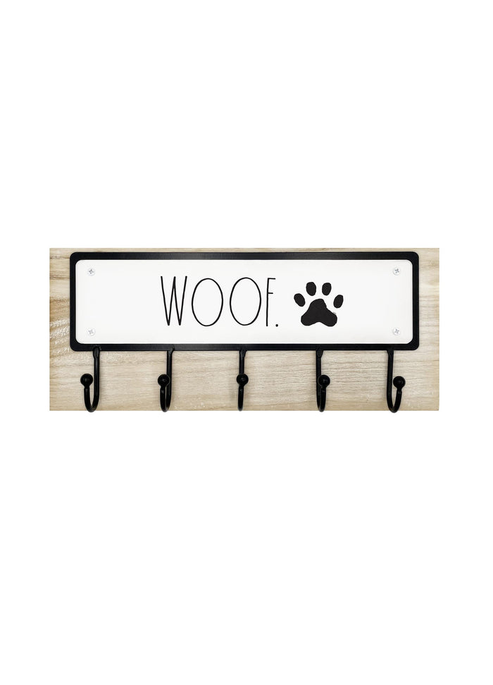 Rae Dunn Dog Leash Holder for Wall - Cute Dog Leash Hook Holder and Wall Mount Hanger Organizer for Pet Items, Keys, Collar and Leashes - Pet Themed Messages with Paw Print - Light Wood