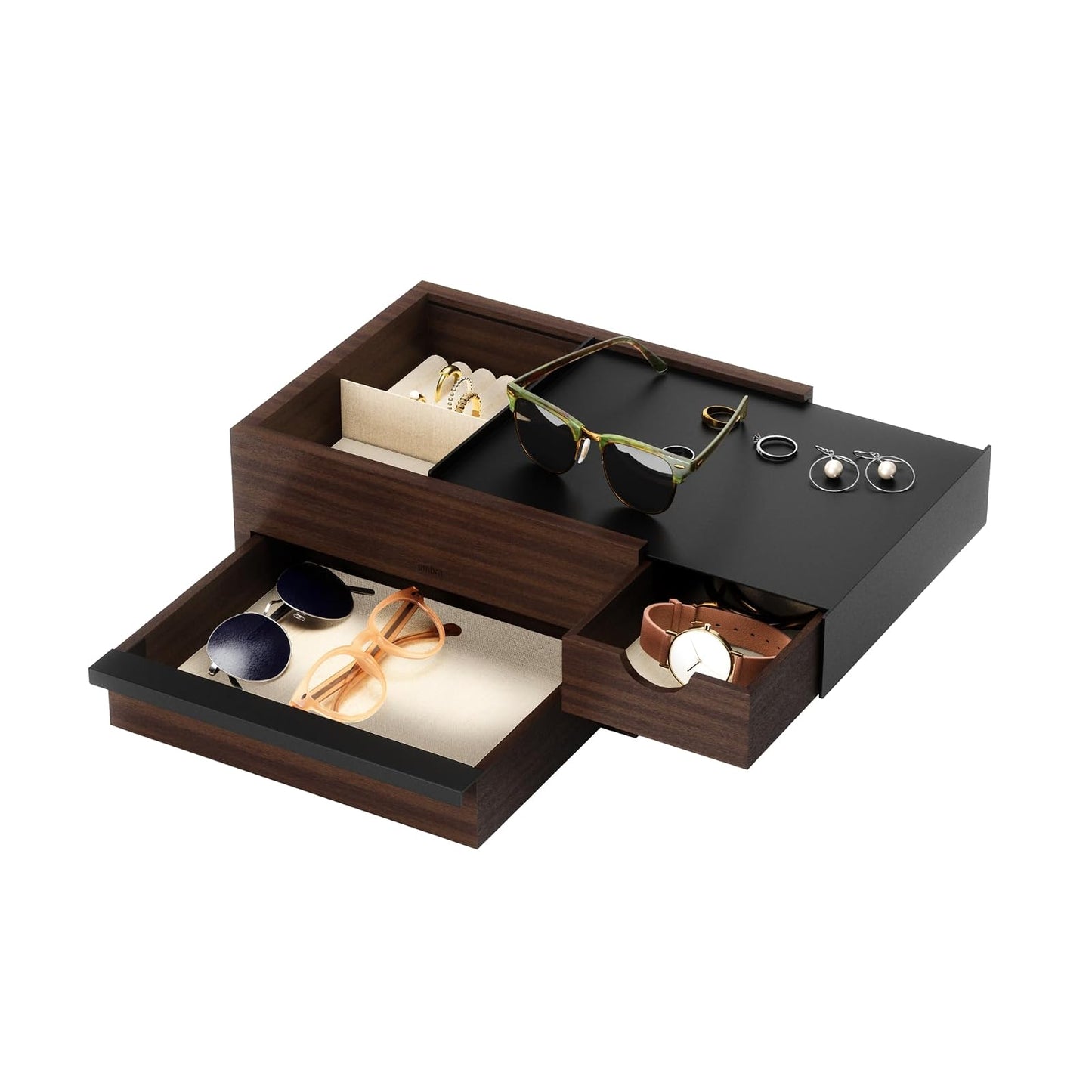 Umbra Stowit Jewelry Box - Modern Keepsake Storage Organizer with Hidden Compartment Drawers for Ring, Bracelet, Watch, Necklace, Earrings, and Accessories (Black / Walnut)