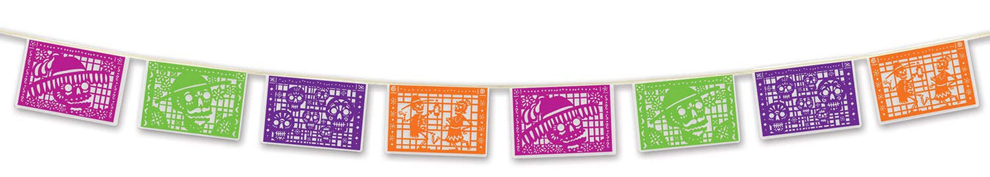 Beistle - 941 Beistle Day of the Dead Picado Style Pennant Banner Hanging Decorations, Halloween Party Supplies, 8" x 12', Multicolored