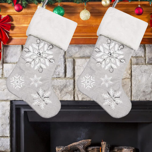 Comfy Hour Let It Snow Collection 18"x11" Silver Snowflake Stocking, Polyester, Set of 2