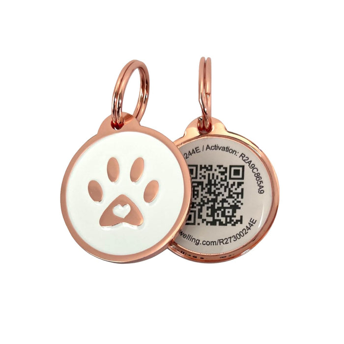 Pet Dwelling 2D QR Code Pet ID Tag - Dog Tags - Cat Tags - Online Pet Profile - Instant Email Alert of Scanned QR Tag Location(Rose Gold White Paw)