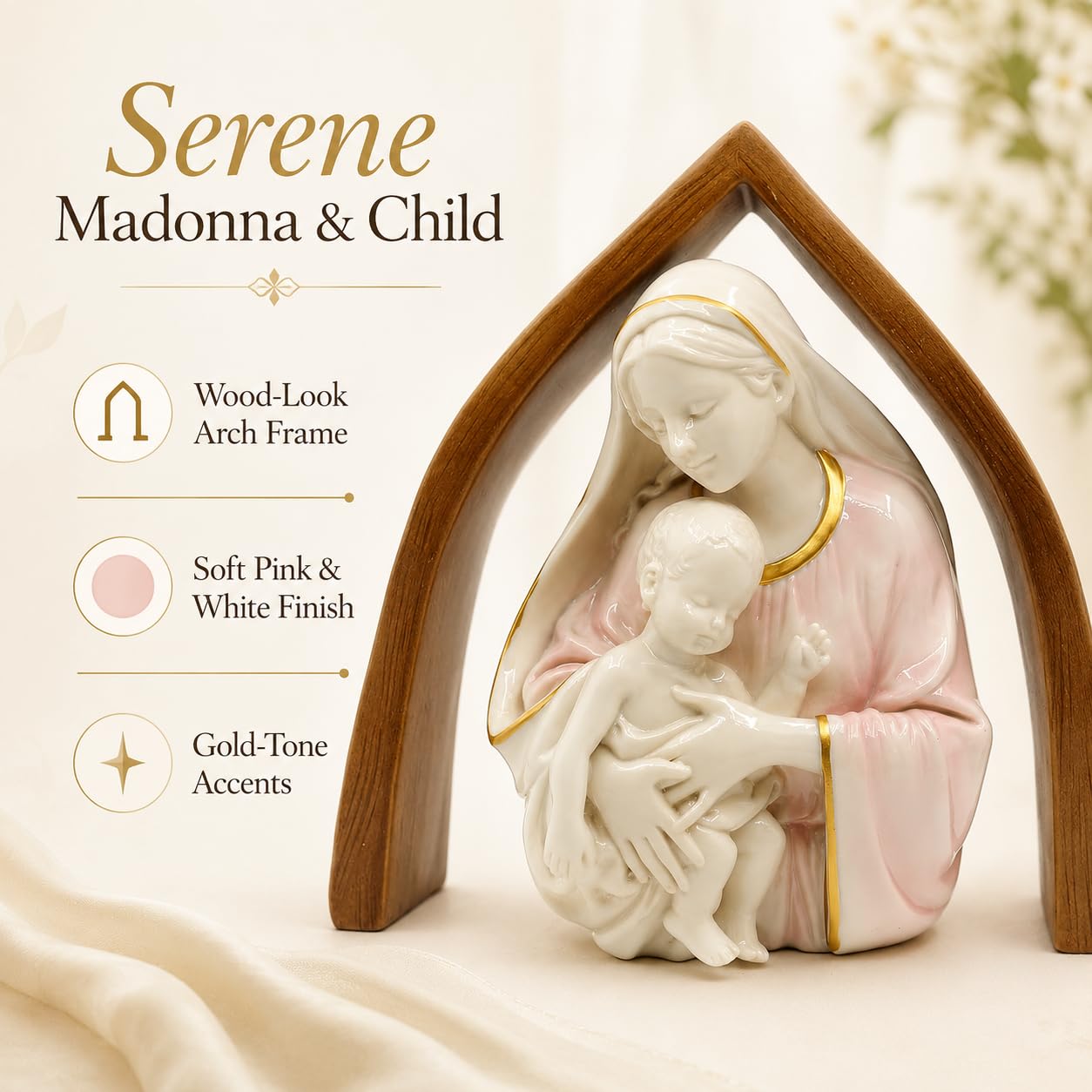 Comfy Hour 10 Inch Mary Statue, Madonna and Child, Wooden-Look Arch