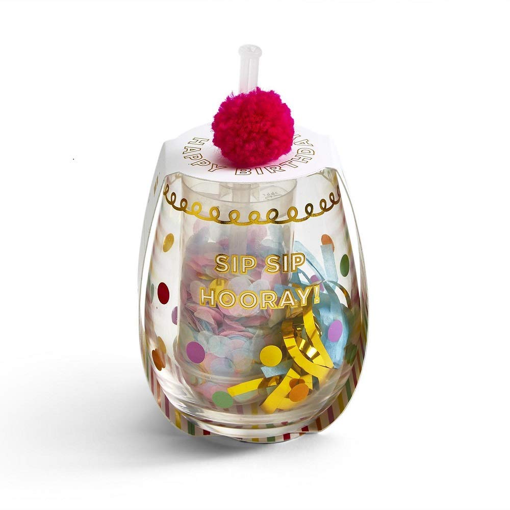 Two's Company 53096 Sip Sip Hooray! Happy Birthday Stemless Glass with Confetti Popper and Noise Maker, 16 Ounce