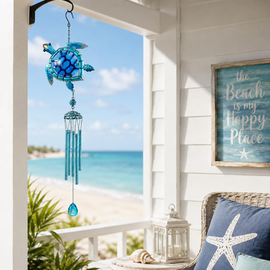 Comfy Hour Ocean Voyage with Sea Turtles Collection Metal Art 35" Turtle Ocean Wild Animal Windchime Hanging Windbell Blue