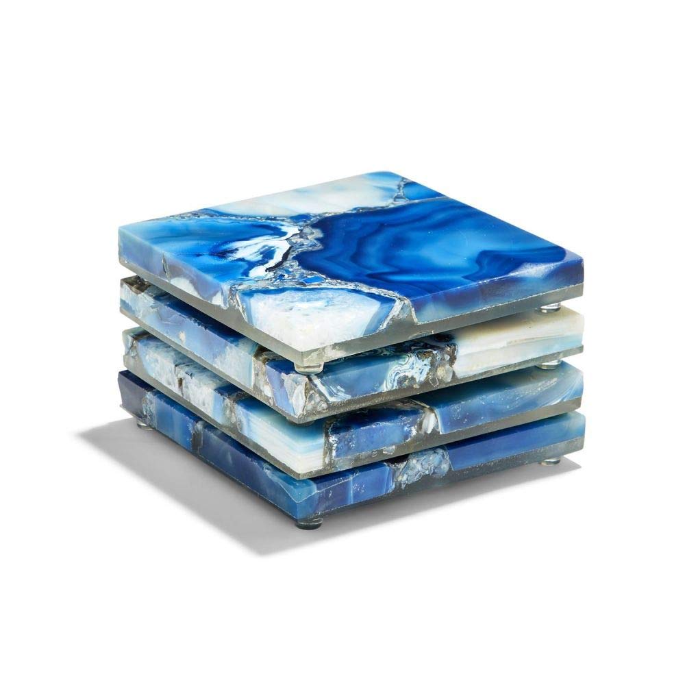 Two's Company Tozai Set of 4 Blue Agate Coasters with Resin Base