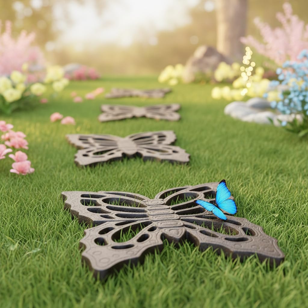 Comfy Hour Rustic Style Outdoor Collection Cast Iron Garden Stepping Stone - Butterfly (Vintage Wash Black), Set of 2