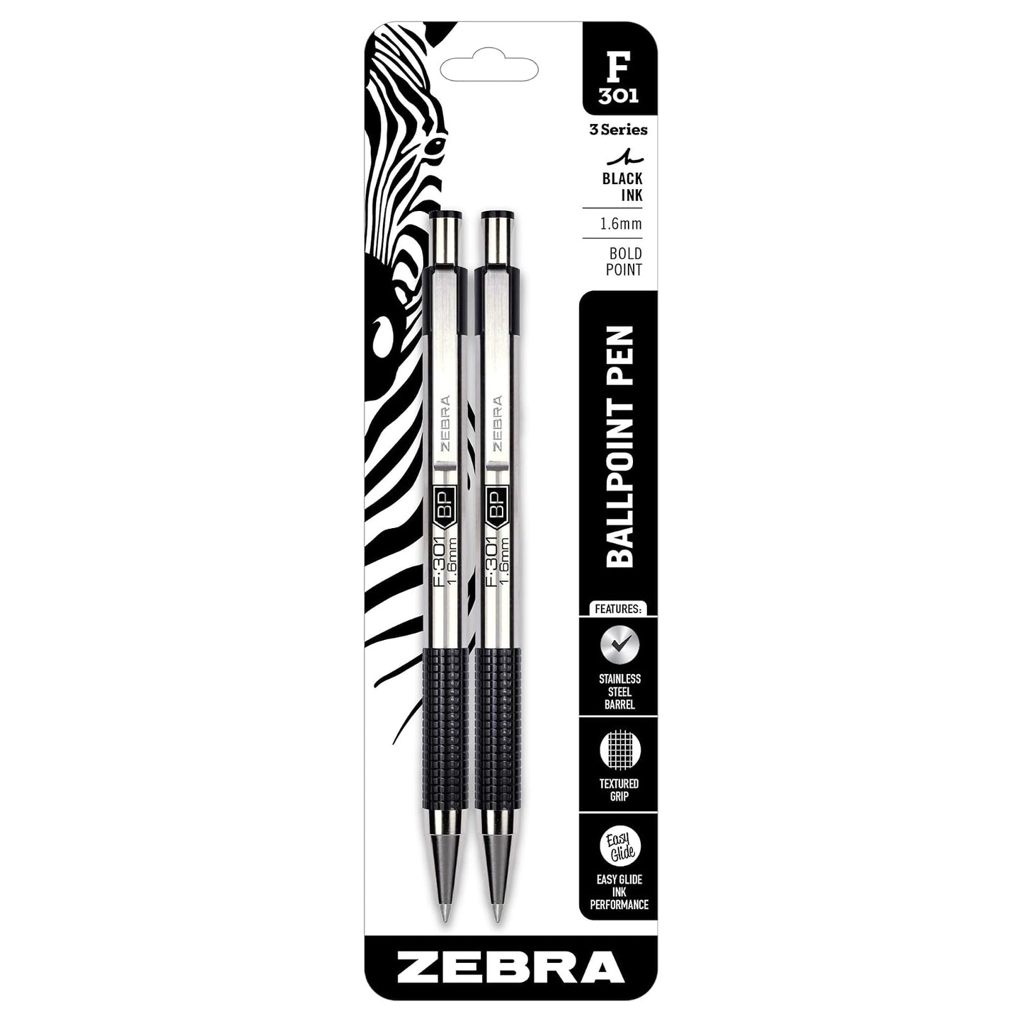 Zebra Pen F-301 Retractable Ballpoint Pen, Stainless Steel Barrel, Bold Point, 1.6mm, Black Ink, 2-Pack