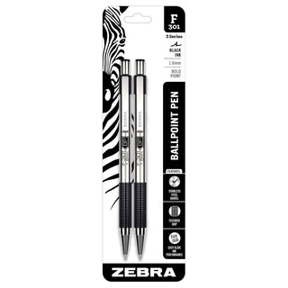 Zebra Pen F-301 Retractable Ballpoint Pen, Stainless Steel Barrel, Bold Point, 1.6mm, Black Ink, 2-Pack