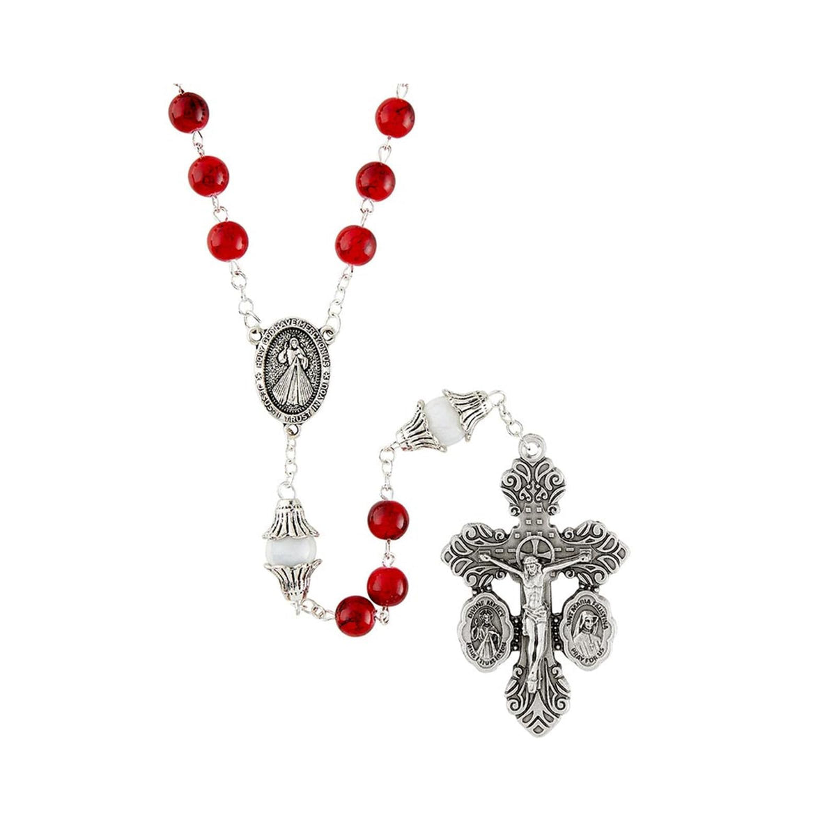 Christian Brands Necklace, 2-1/2" crucifix, 1-1/4" centerpiece, Red and Silver