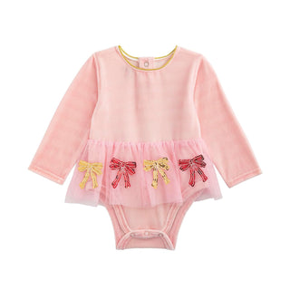 Mud Pie Dress, Pink, Kids Christmas Velour Sequin Bow Tutu Crawler