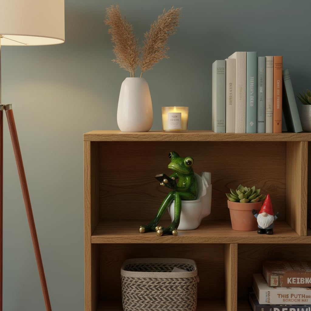 Comfy Hour Farmhouse Home Decor Collection Resin 5" Frog On Close Stool Desktop Decoration, Polyresin
