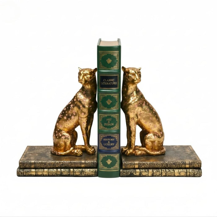 Comfy Hour Farmhouse Home Decor Collection Polyresin Solid Heavy Set of L/R Cheetah Art Bookends, 1 Pair, Gold