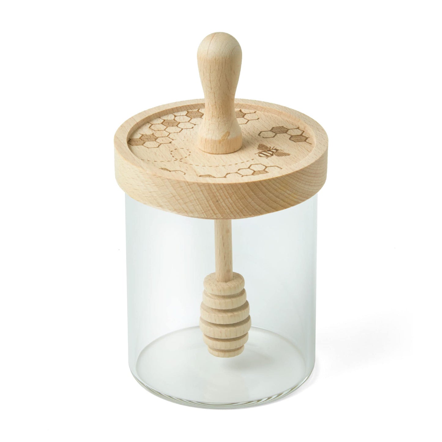 Talisman Designs Glass Honey Jar with Laser Etched Beechwood Lid & Integrated Honey Dipper - Honey Bee Collection, Set of 1