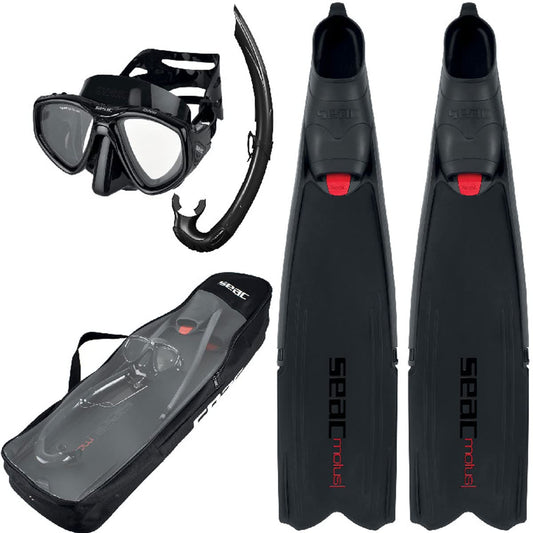 SEAC Set Tris Motus Set (Motus Long Fins, One Diving Mask, Jet Snorkel, Shoulder Bag), Black, 12.5-13.5