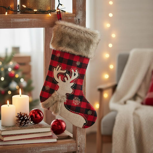 Comfy Hour 20 Inch Deer Christmas Stocking, Buffalo Plaid, 1 Piece