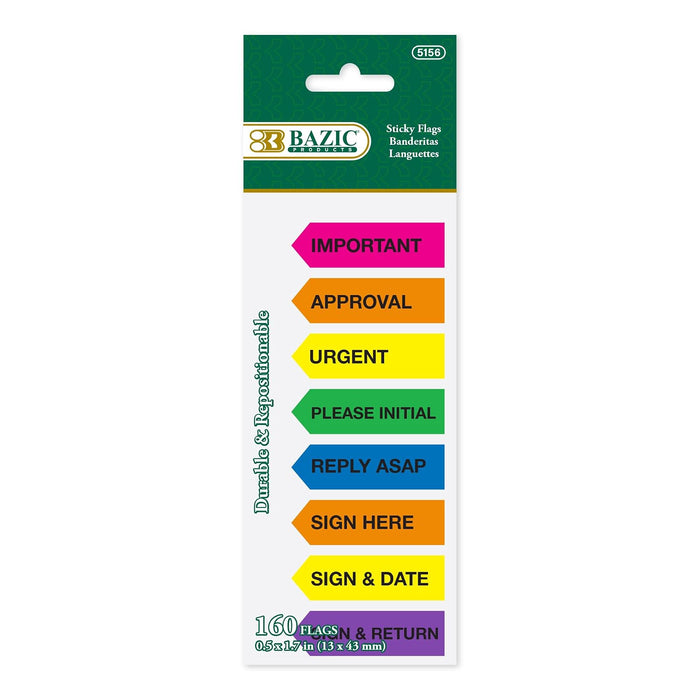BAZIC Neon Page Markers 0.5x1.7 Neon Colored PET Printed Arrow Flag Index Tabs, Sticky Notes Page Marker Bookmarks File Tab (160 Flags/Pack), 1-Pack