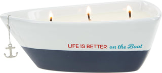 Pavilion Gift Company Life is Better 10 Oz Triple Wick Candle in Ceramic Boat Dish, Blue