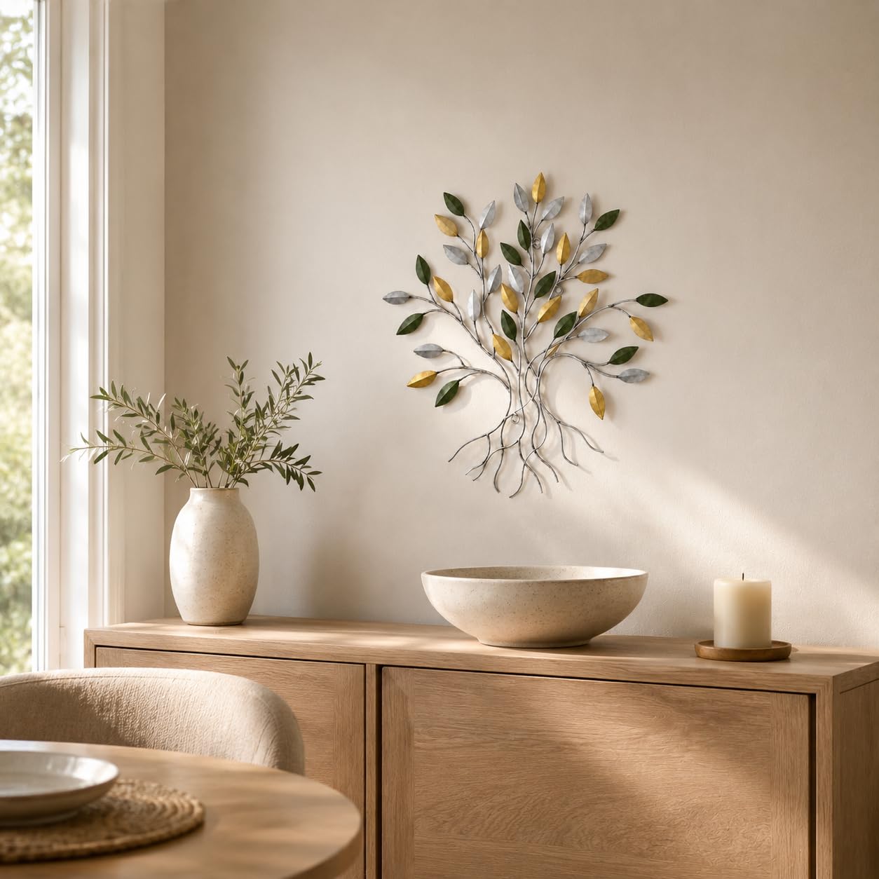 Comfy Hour 16 Inch Tree of Life Metal Wall Art, Green Gold Leaves