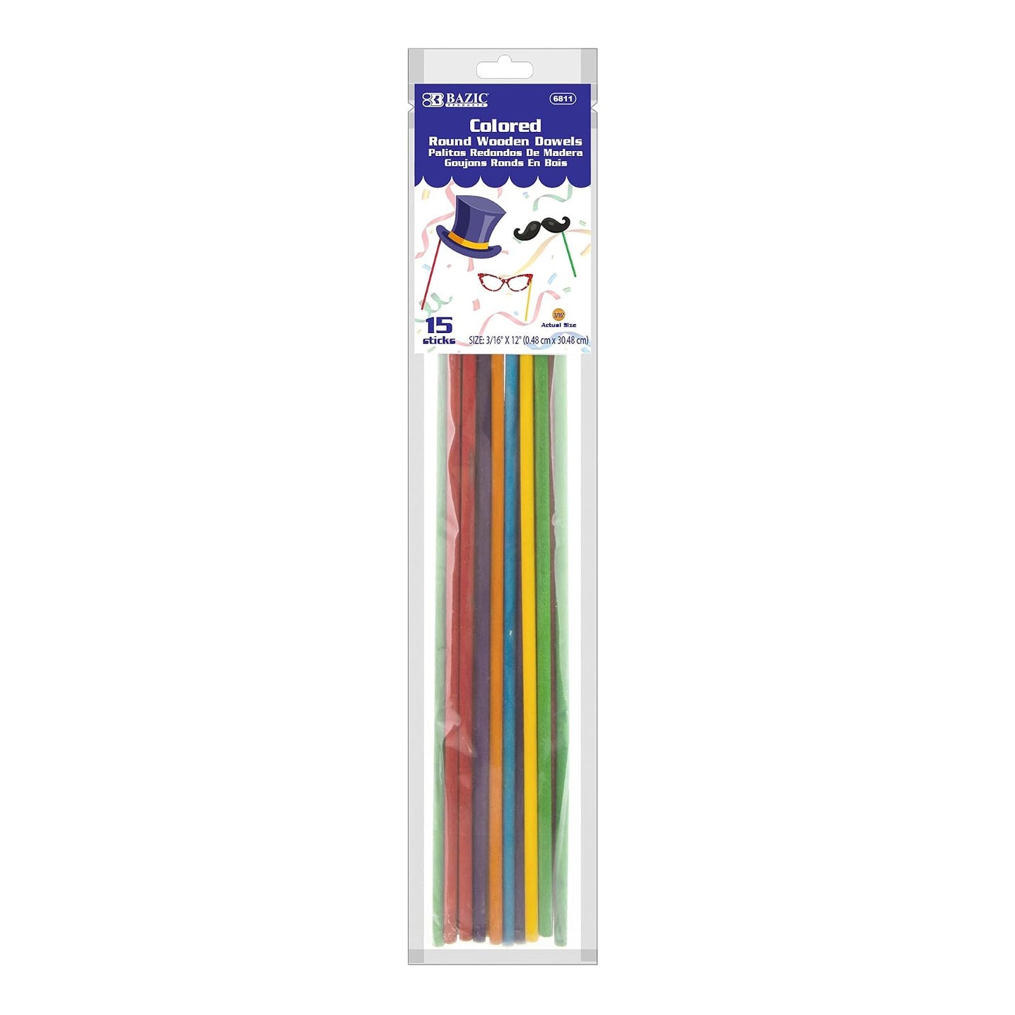 BAZIC Wooden Dowel Rods Wood Sticks, 3/16" x 12" Round Colored Hardwood Stick, Unfinished Wood for Crafts Lollipops Cake Support (15/Pack), 1-Pack