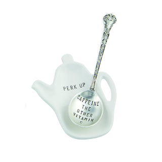 Mud Pie Spoon Rest, Silver and White, Caffeine Coffee Spoon Rest, White