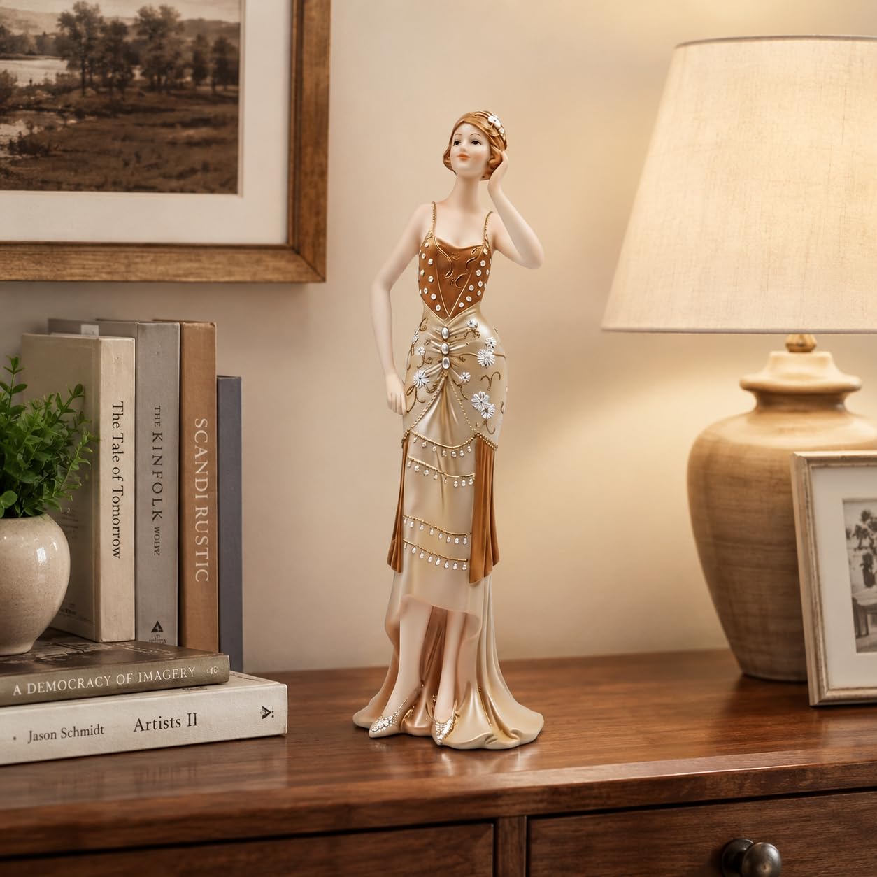 Comfy Hour 13 Inch Victorian Art Deco Lady Figurine, Gold Woman Statue