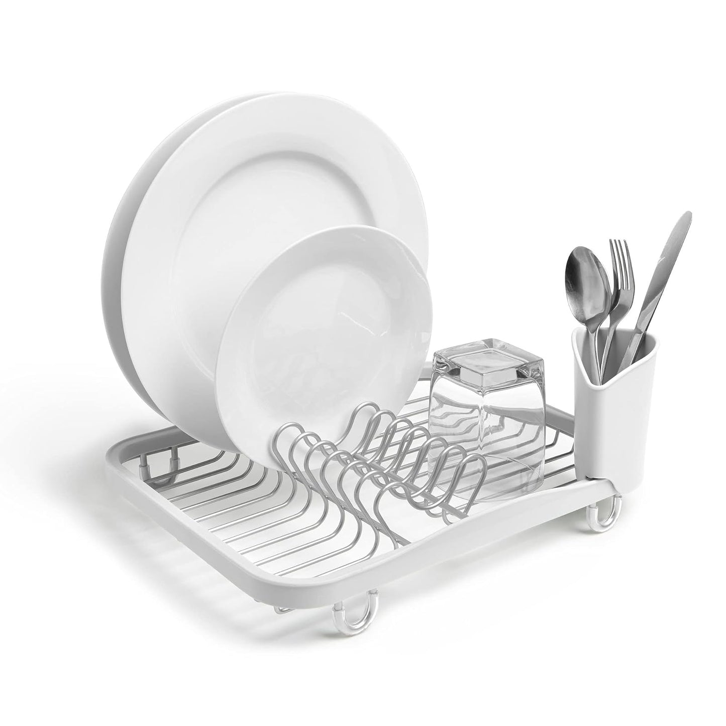Umbra Sinkin Dish Drying Rack Dish Drainer Kitchen Sink Caddy with Removable Cutlery Holder, Fits In Sink or on Countertop, White