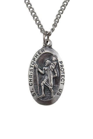 Creative Brands Creed Silver Tone St. Christopher Protect Us Medal, Rhodium-Plated Chain, 24-Inch
