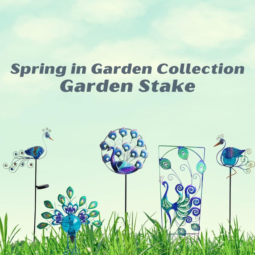 Comfy Hour Seed Soil and Yard Collection 58" Height Blue Leaves Metal Art Spinner with Solar Light Garden Stake