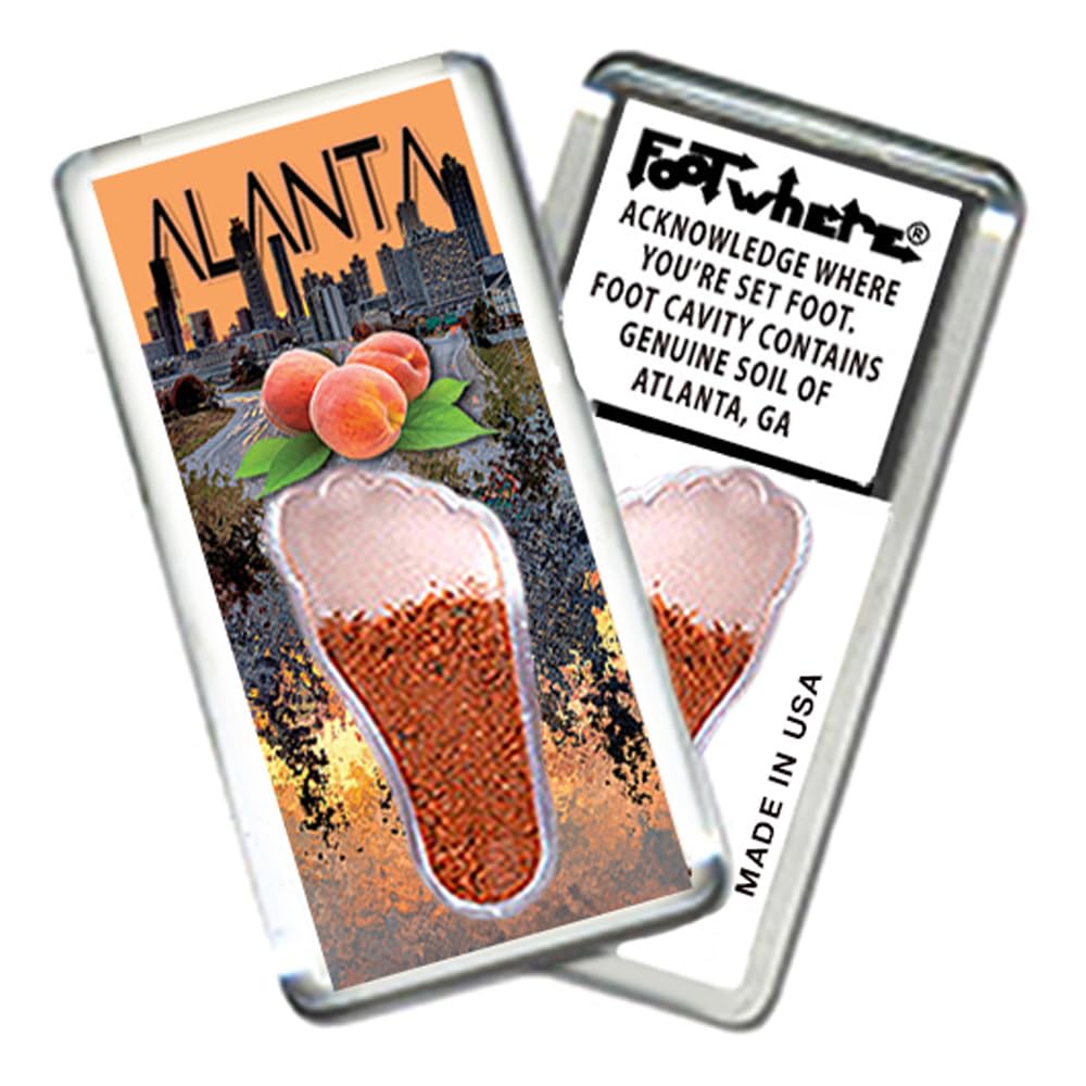 Atlanta FootWhere Fridge Magnet (ATL204 - Peaches). Authentic Destination Souvenir acknowledging Where You've Set Foot. Genuine Soil of Featured Location encased Inside Foot Cavity. Made in USA