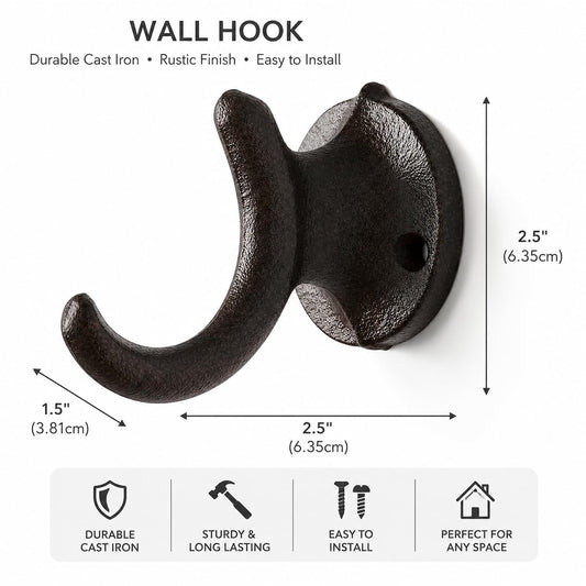 Comfy Hour Antique and Vintage Collection Cast Iron Single Coat Hook Clothes Key Hook Rack Wall Hanger - Metal, Heavy Duty, Brown, Recycled, Decorative Gift Idea
