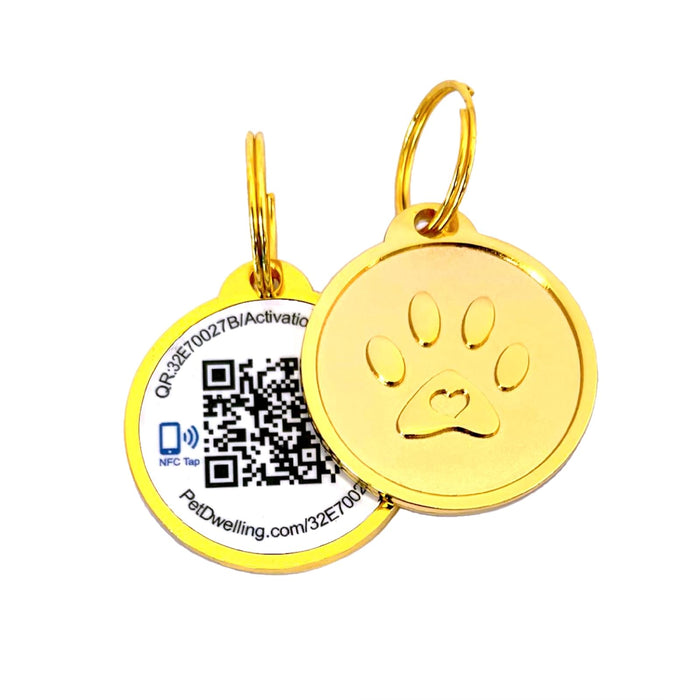 Pet Dwelling Smart QR Code-NFC Pet ID Tag - Dog Tags - Cat Tags - Online Pet Profile - Instant Email Alert -Scanned QR Tag GPS Location (Gold Paw)