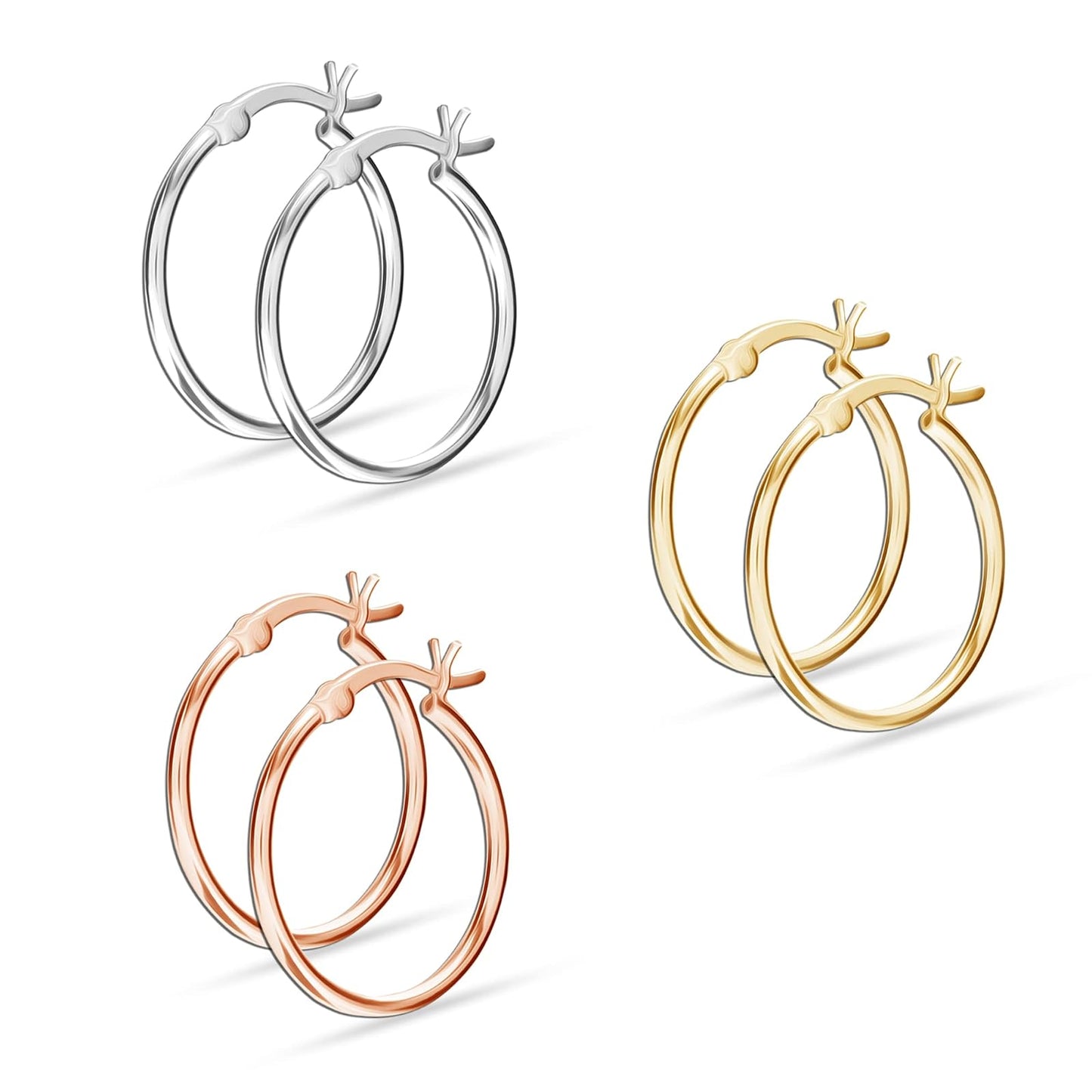 LeCalla 925 Sterling Silver Set of 3 Pairs Click-Top 3 Colors Hoop Earrings for Girl Teen Women 25MM