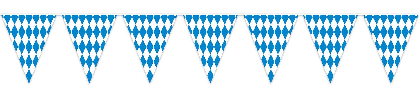 Beistle Plastic Oktoberfest Bavarian Pennant Banner for German Theme Party Supplies, 11" x 12', Blue/White