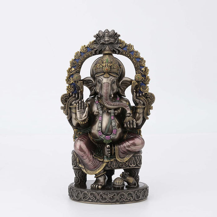Veronese Design 10 1/4 Inch Tall Lord Ganesha Sitting On Throne with Temple Arch Hindu Elephant God Fortune Cold Cast Bronzed Resin Statue Religious Home Decor Spiritual Collectibles
