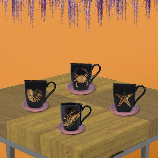 Comfy Hour Ocean Voyage Collection 15oz Ocean Crab Lobster Conch Starfish Pattern Mug Water Cup Set of 4, Dolomite