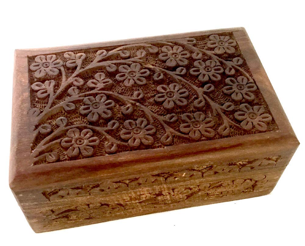 New Age Imports, Inc. Storage Box, Floral Carved 4 x 6 inches, Brown