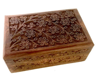 New Age Imports, Inc. Storage Box, Floral Carved 4 x 6 inches, Brown