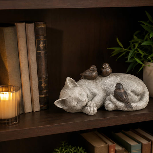 Comfy Hour Pet In Loving Memory Collection 12" Length Garden Accent Decorative Sparrows On Cat Figurine, Polyresin Statue Stone Looking