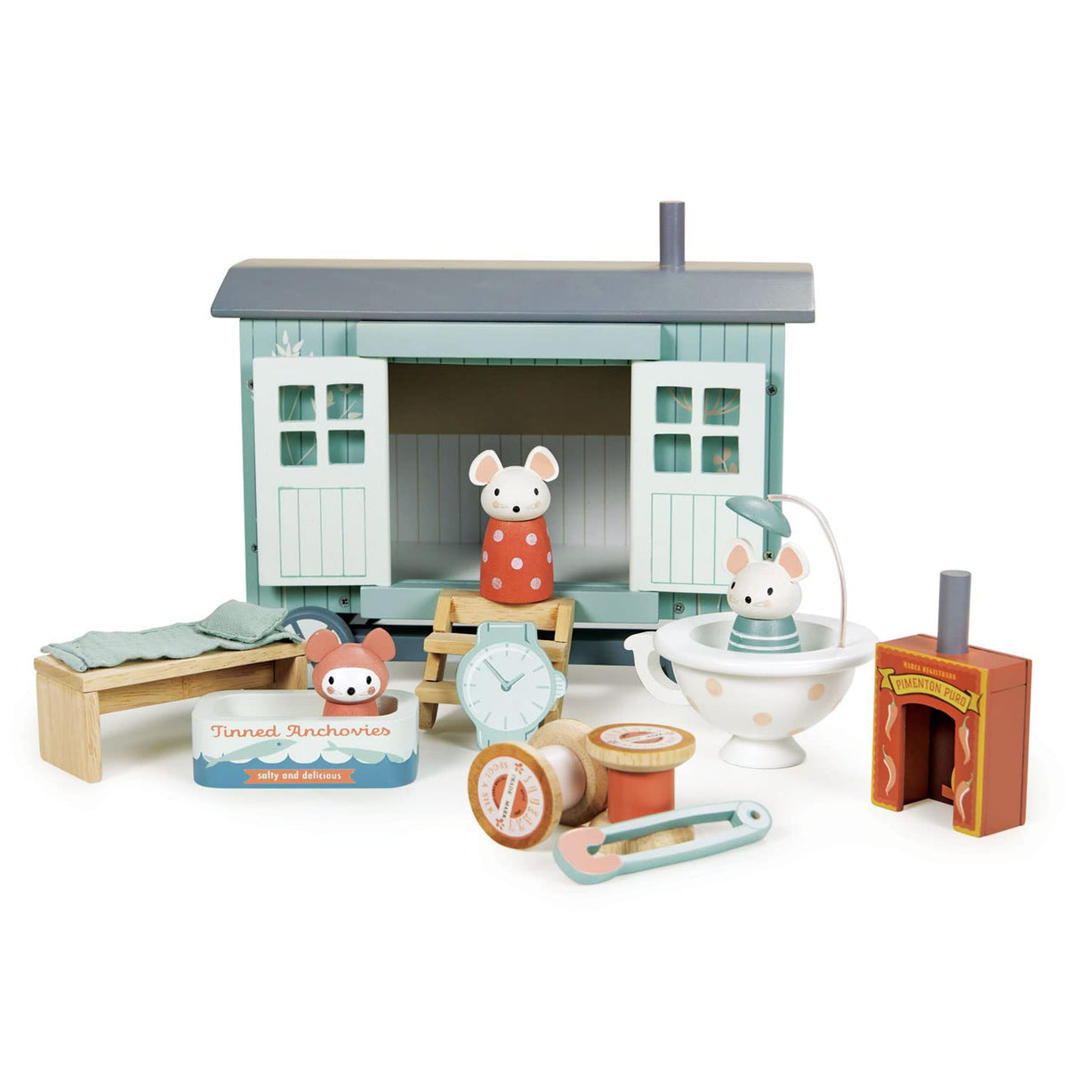 Tender Leaf Toys - Secret Meadow Shepherd’s Hut - Wooden Shepherd’s Hut on Wheels with Quirky Furniture Accessories and Mice Dolls - Open-Ended Play, Boost Imagination and Story Tellings - Age 3+