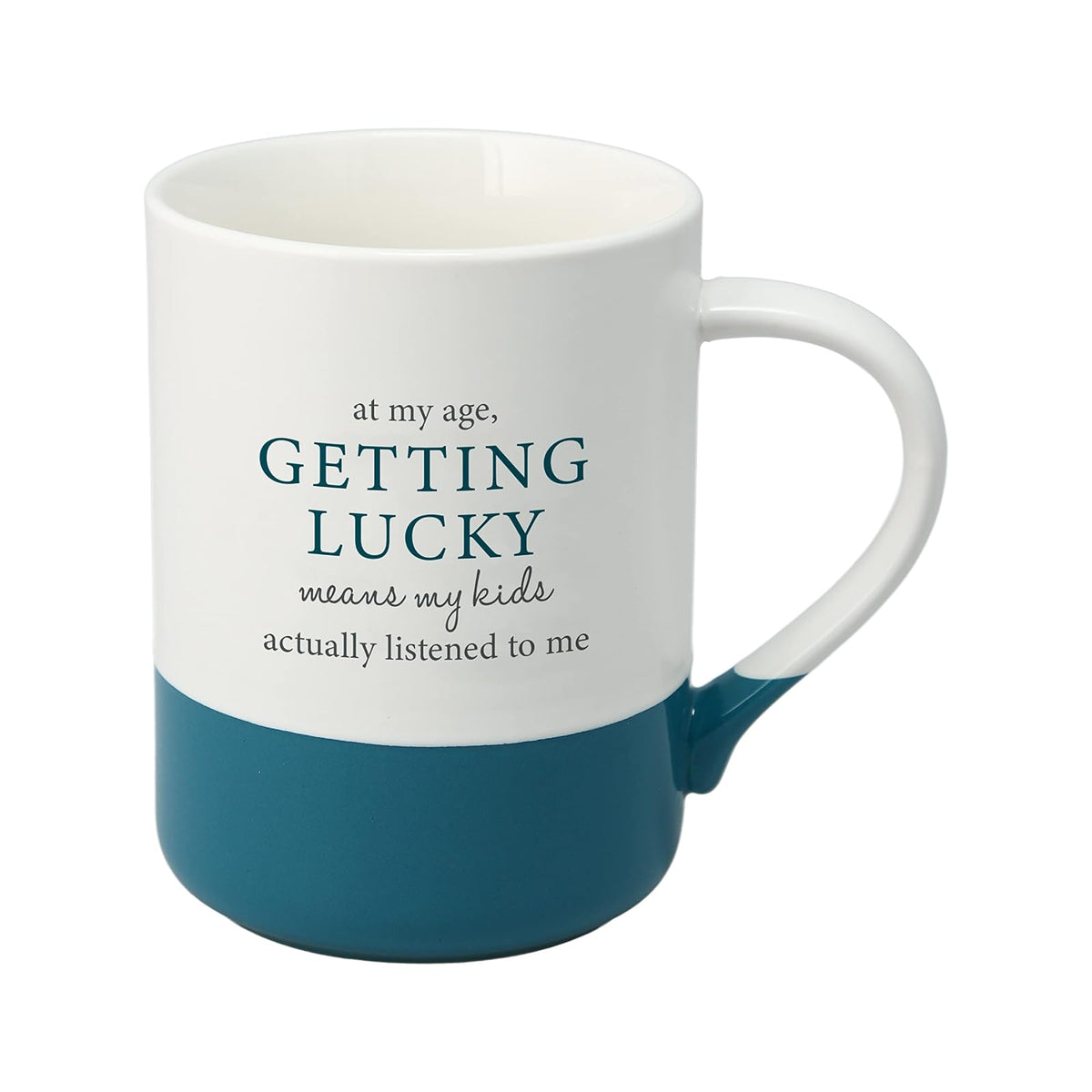 Pavilion - Getting Lucky - 18 ounce Large Coffee Cup, Sarcastic Gift For Parents, Mom Coffee Mug, Dad Mugs Coffee, 1 Count (Pack of 1), 5” x 4.75”, White & Teal