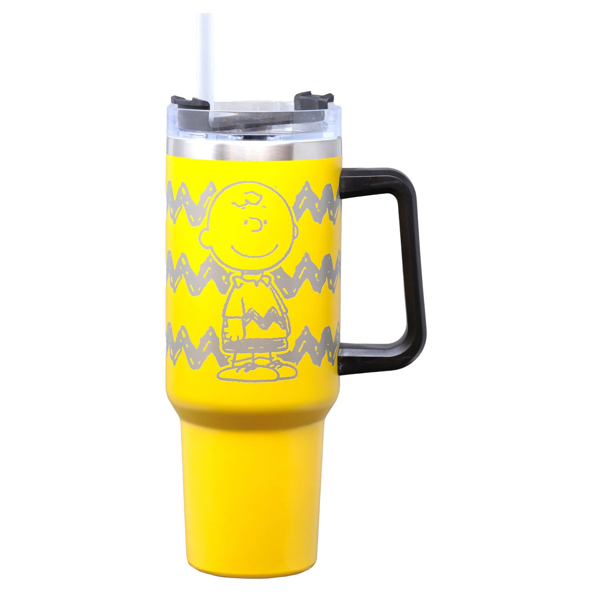 Spoontiques Etched Peanuts Stainless Steel Travel Mug, 40oz - Double Wall Insulation, Sturdy Handle, Sliding Lock Travel Lid - Charlie Brown