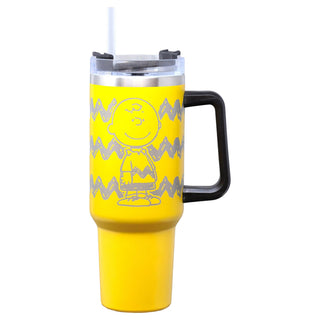 Spoontiques Etched Peanuts Stainless Steel Travel Mug, 40oz - Double Wall Insulation, Sturdy Handle, Sliding Lock Travel Lid - Charlie Brown