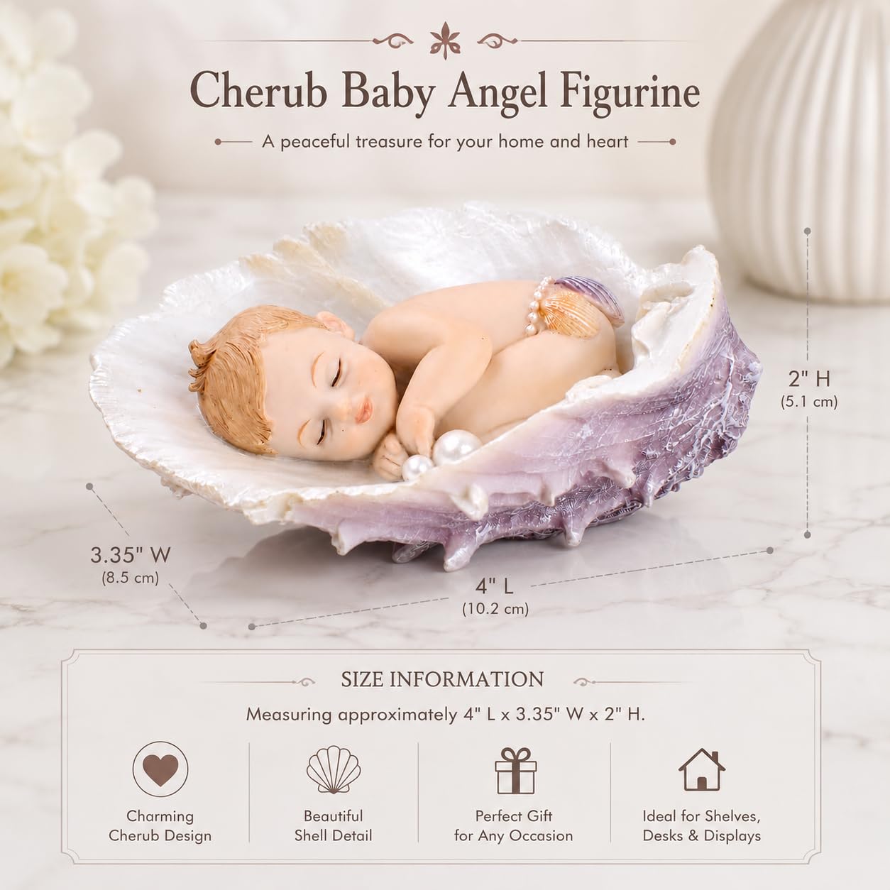 Comfy Hour 4 Inch Sleeping Baby Figurine, Seashell Cherub Statue