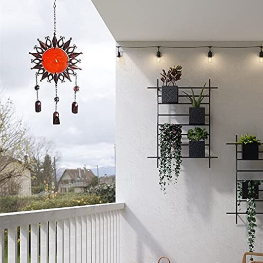 Comfy Hour Sun Moon Face Engraved Collection 23" Red Brown Copper Metal Art Sunface Hanging Wind Chime for Home and Garden